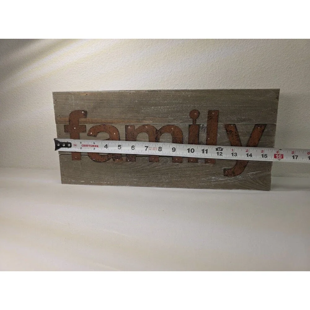 Farmhouse Wood & Metal Family Sign Distressed Country Wall Decor Shelf Sitter